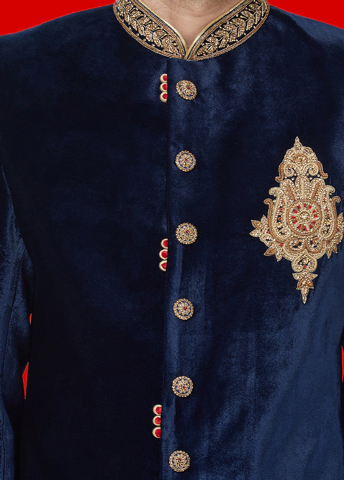 2 Pc Navy Blue Velvet Sherwani Churidar Set