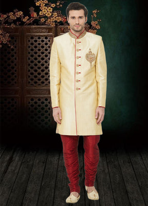 2 Pc Cream Dupion Silk Sherwani Churidar Set