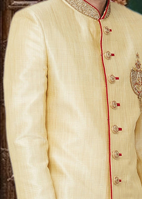 2 Pc Cream Dupion Silk Sherwani Churidar Set