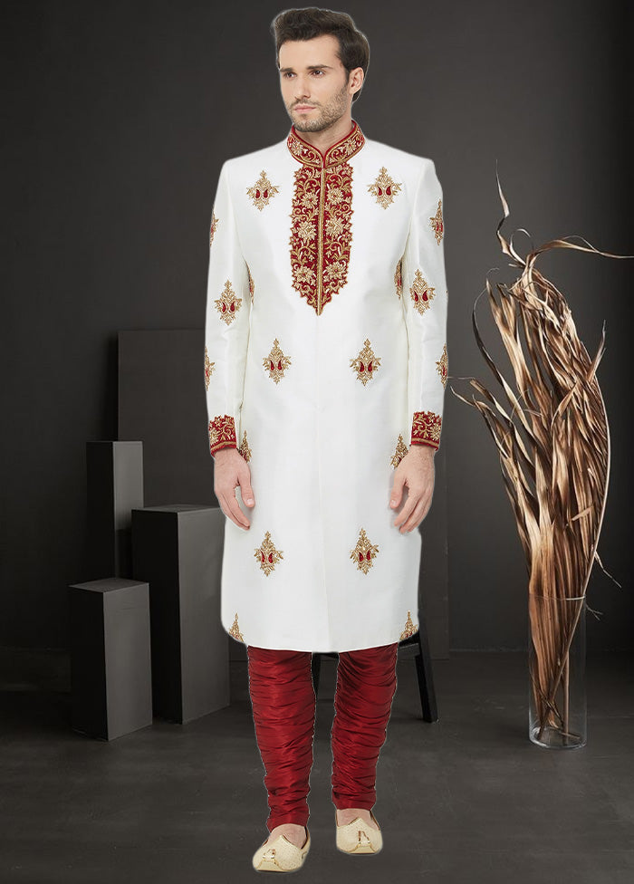 2 Pc Off White Dupion Silk Sherwani Churidar Set