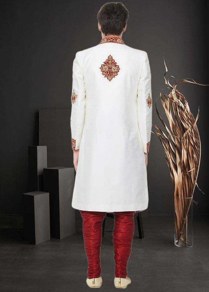 2 Pc Off White Dupion Silk Sherwani Churidar Set