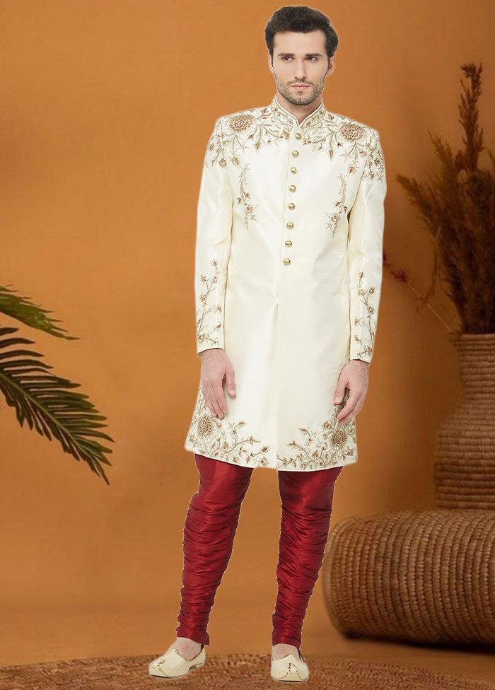 2 Pc Cream Dupion Silk Sherwani Churidar Set