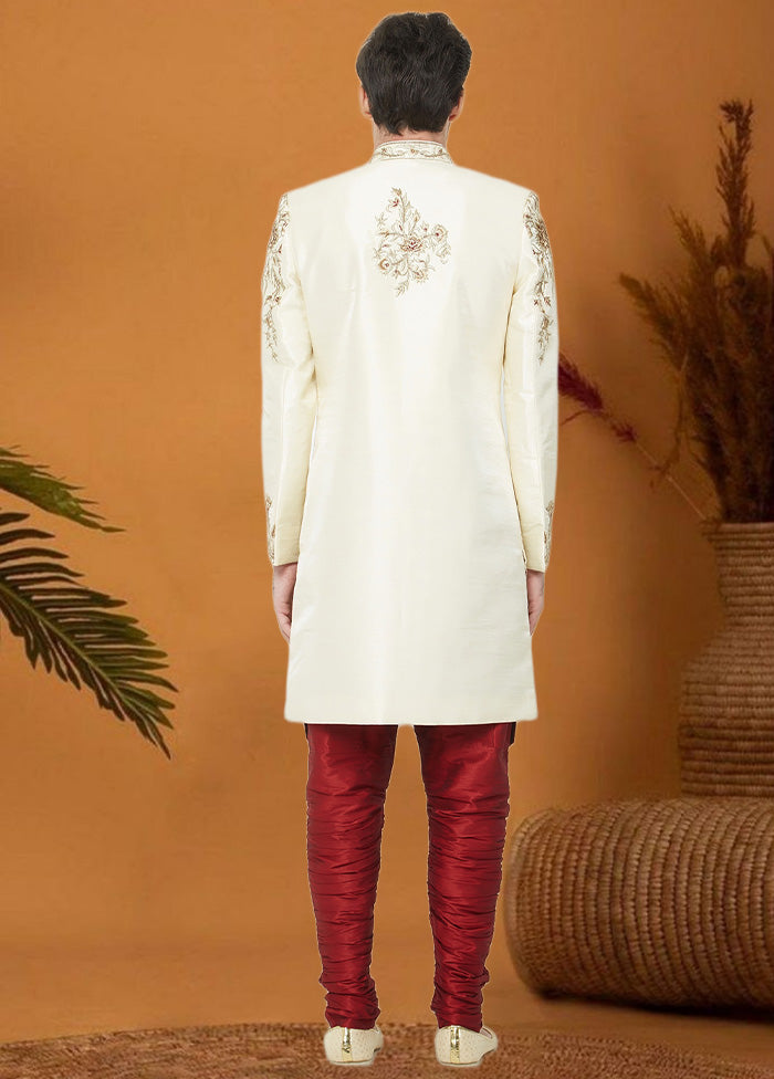 2 Pc Cream Dupion Silk Sherwani Churidar Set