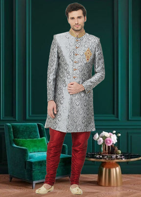 2 Pc Grey Dupion Silk Sherwani Churidar Set