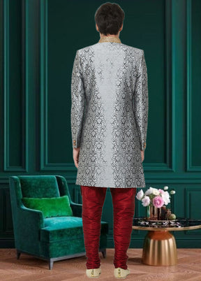 2 Pc Grey Dupion Silk Sherwani Churidar Set