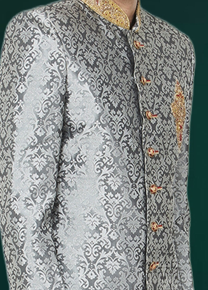 2 Pc Grey Dupion Silk Sherwani Churidar Set