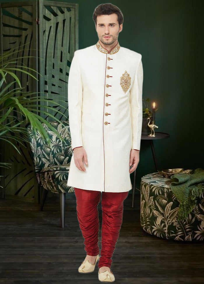 2 Pc Cream Dupion Silk Sherwani Churidar Set