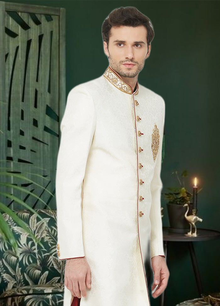 2 Pc Cream Dupion Silk Sherwani Churidar Set