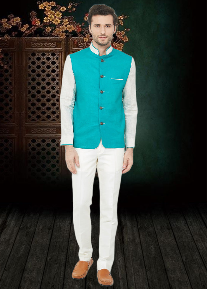 2 Pc Rama Green Cotton Blazer Pant Set