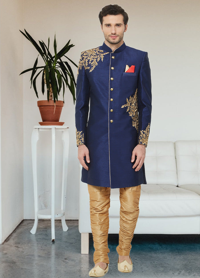 2 Pc Navy Blue Dupion Silk Sherwani Churidar Set