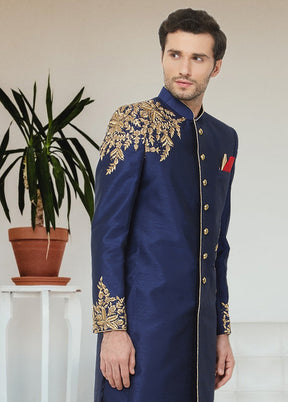 2 Pc Navy Blue Dupion Silk Sherwani Churidar Set