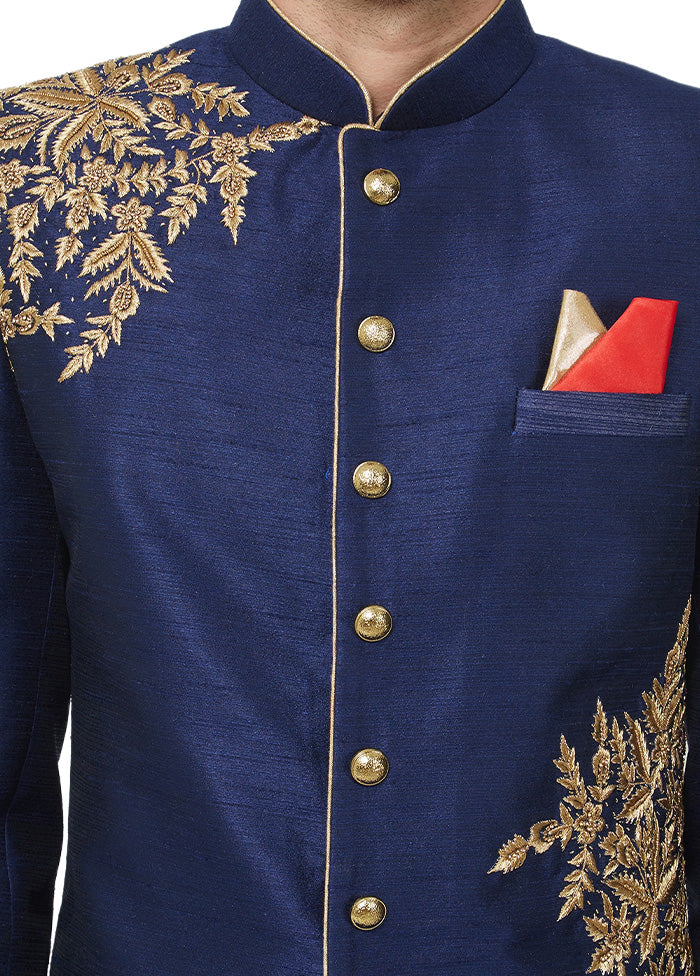 2 Pc Navy Blue Dupion Silk Sherwani Churidar Set