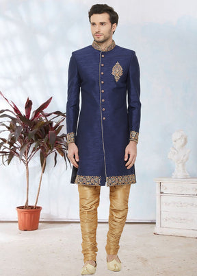 2 Pc Navy Blue Dupion Silk Sherwani Churidar Set