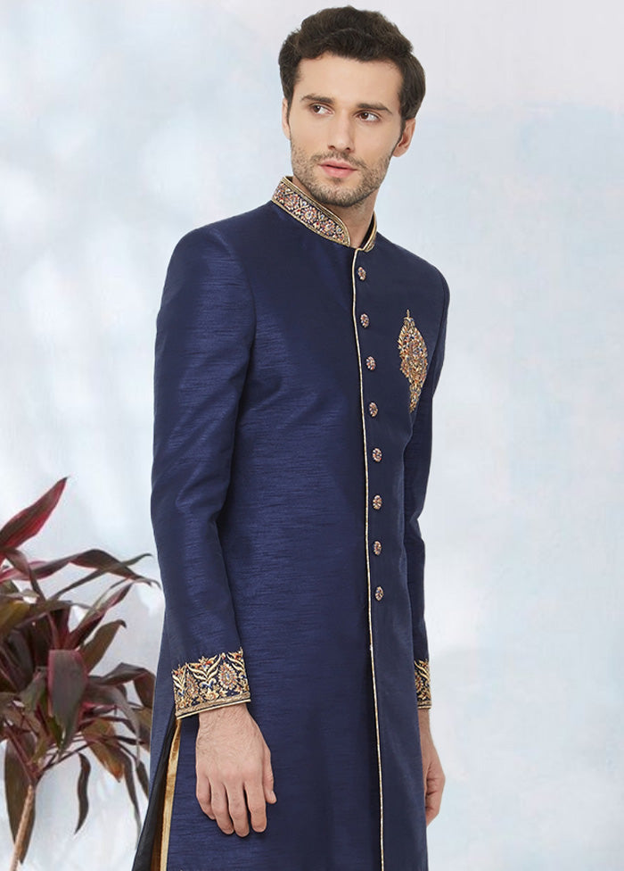 2 Pc Navy Blue Dupion Silk Sherwani Churidar Set