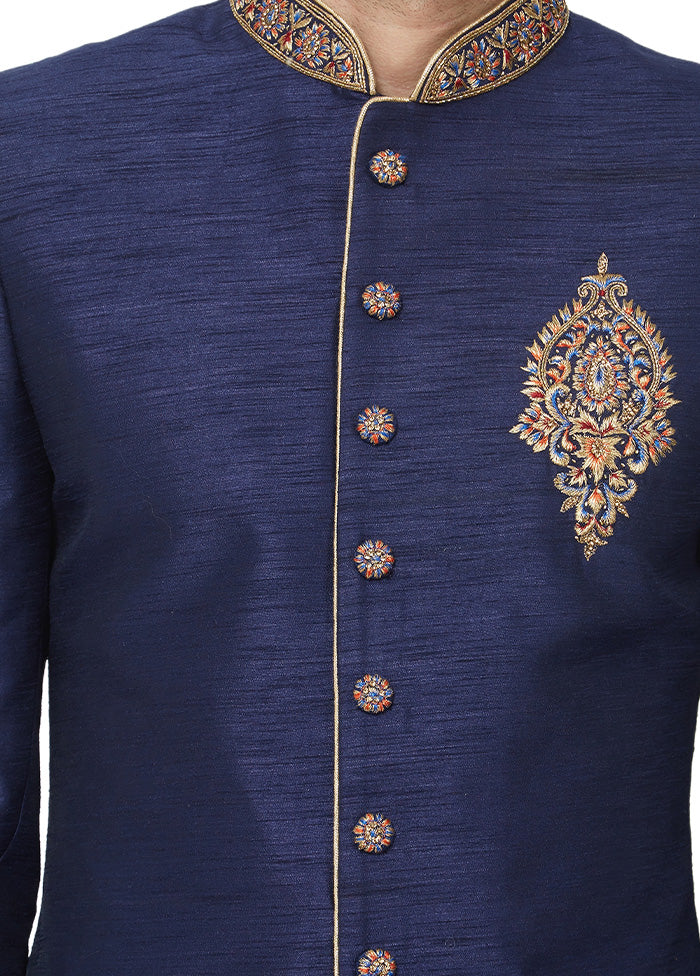 2 Pc Navy Blue Dupion Silk Sherwani Churidar Set