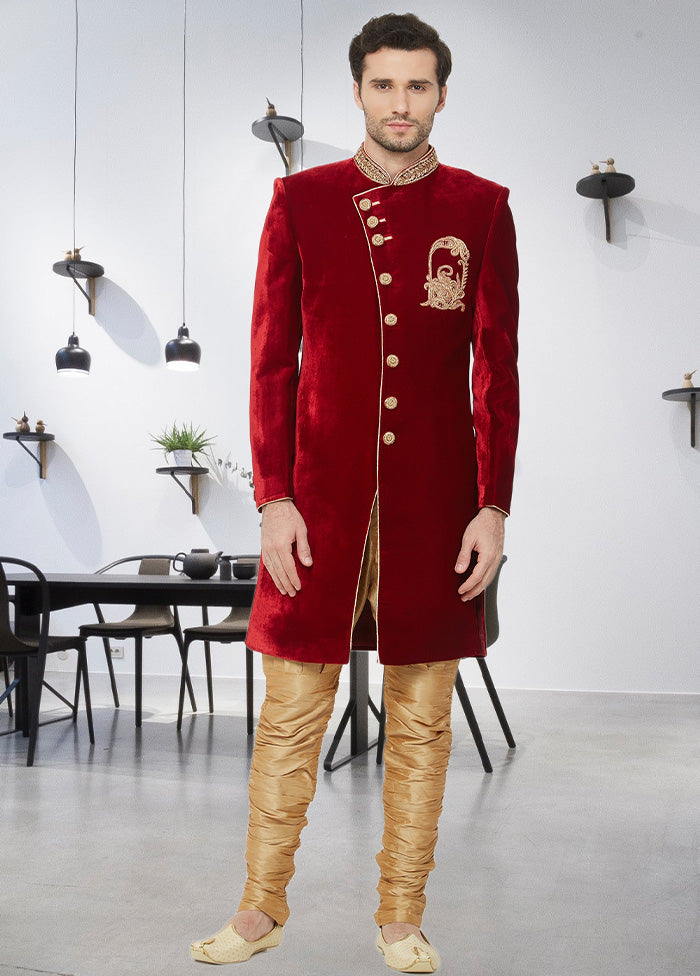 2 Pc Maroon Velvet Sherwani Churidar Set