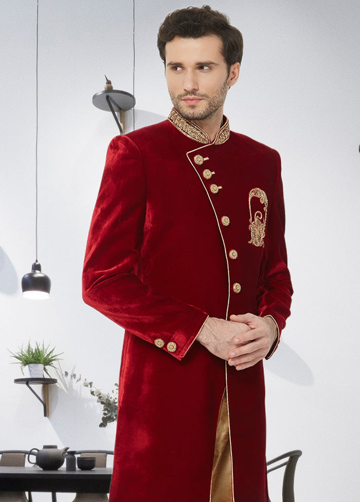 2 Pc Maroon Velvet Sherwani Churidar Set