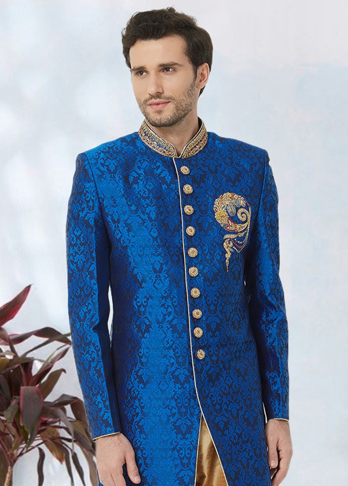 2 Pc Blue Dupion Silk Sherwani Churidar Set