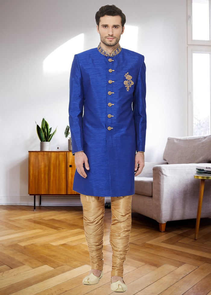 2 Pc Blue Dupion Silk Sherwani Churidar Set