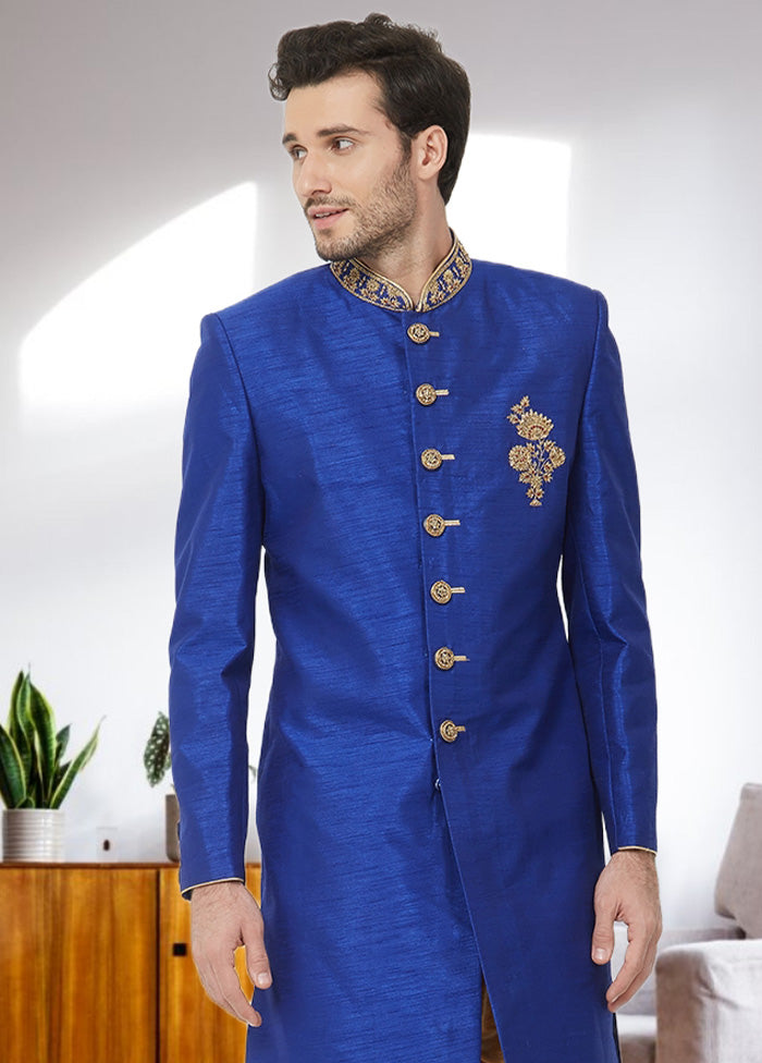 2 Pc Blue Dupion Silk Sherwani Churidar Set