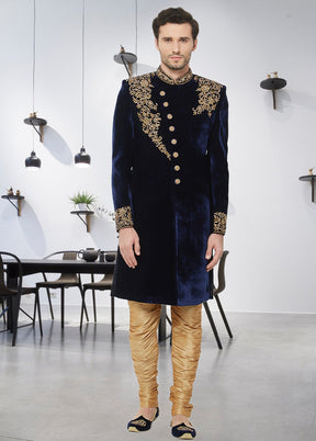 2 Pc Navy Blue Velvet Sherwani Churidar Set