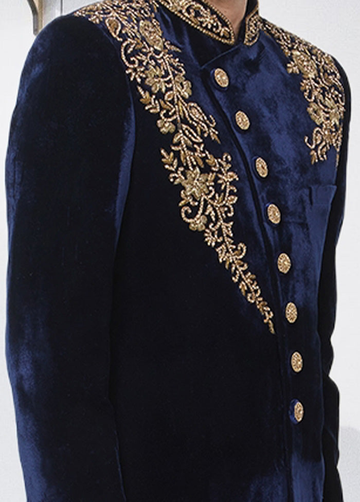 2 Pc Navy Blue Velvet Sherwani Churidar Set