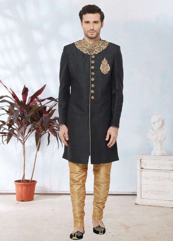 2 Pc Black Dupion Silk Sherwani Churidar Set