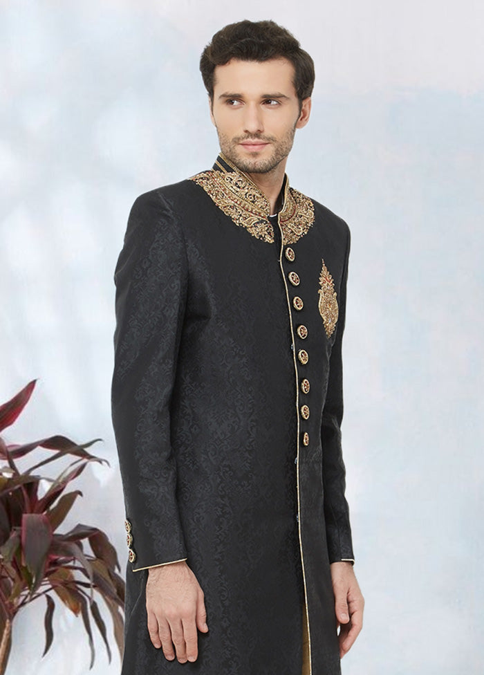 2 Pc Black Dupion Silk Sherwani Churidar Set