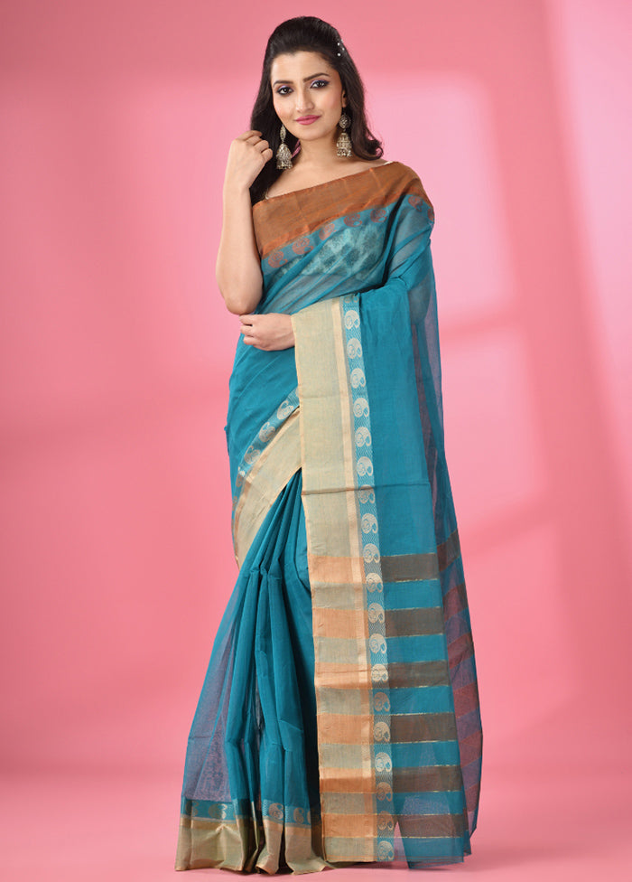 Teal Pure Cotton Saree With Blouse Piece - Indian Silk House Agencies