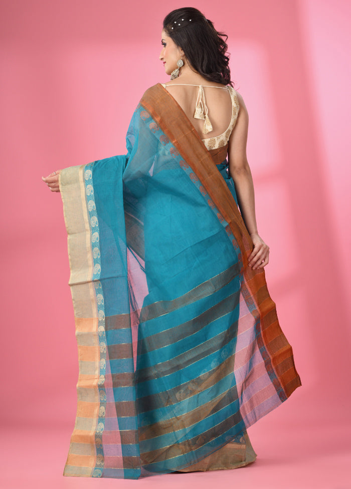 Teal Pure Cotton Saree With Blouse Piece - Indian Silk House Agencies