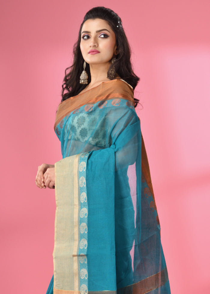 Teal Pure Cotton Saree With Blouse Piece - Indian Silk House Agencies