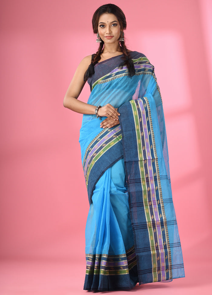 Sky Blue Pure Cotton Saree With Blouse Piece - Indian Silk House Agencies