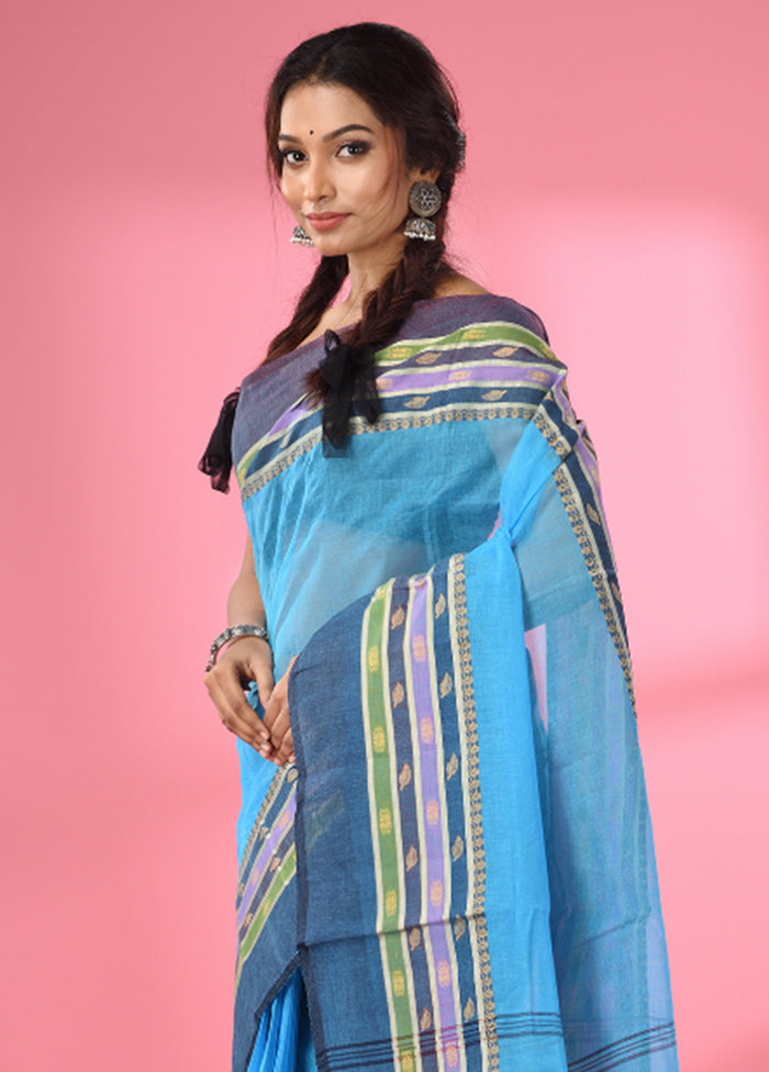 Sky Blue Pure Cotton Saree With Blouse Piece - Indian Silk House Agencies