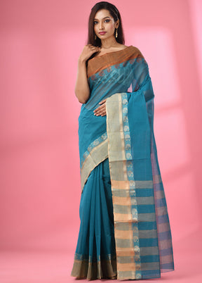 Turquoise Blue Pure Cotton Saree With Blouse Piece - Indian Silk House Agencies