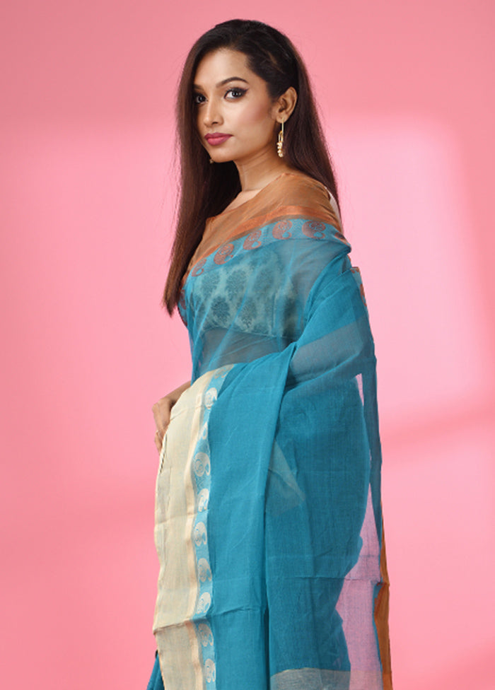 Turquoise Blue Pure Cotton Saree With Blouse Piece - Indian Silk House Agencies