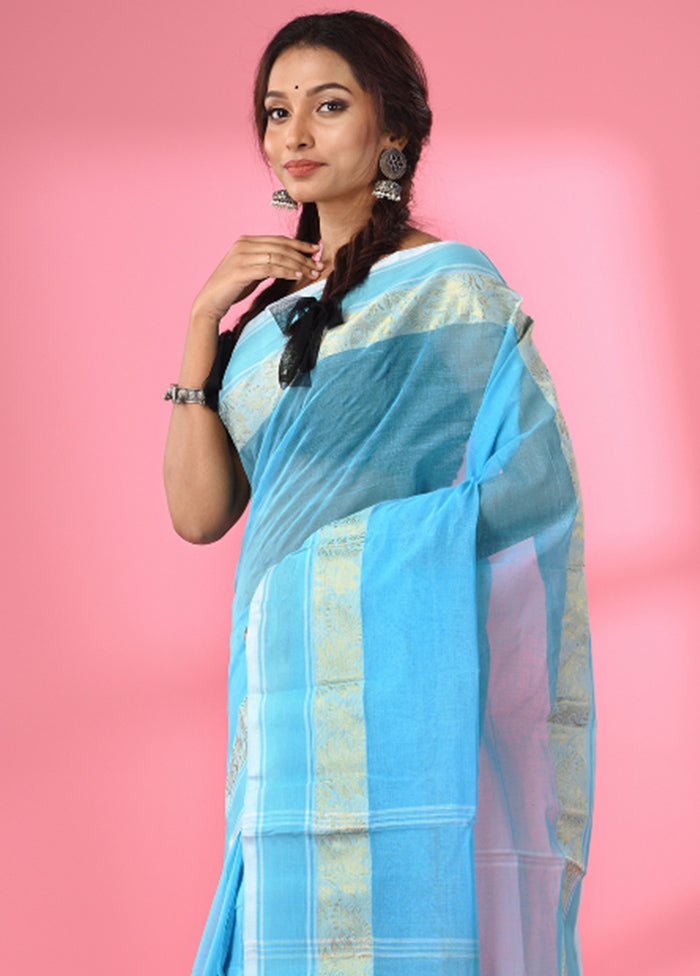 Sky Blue Pure Cotton Saree With Blouse Piece - Indian Silk House Agencies