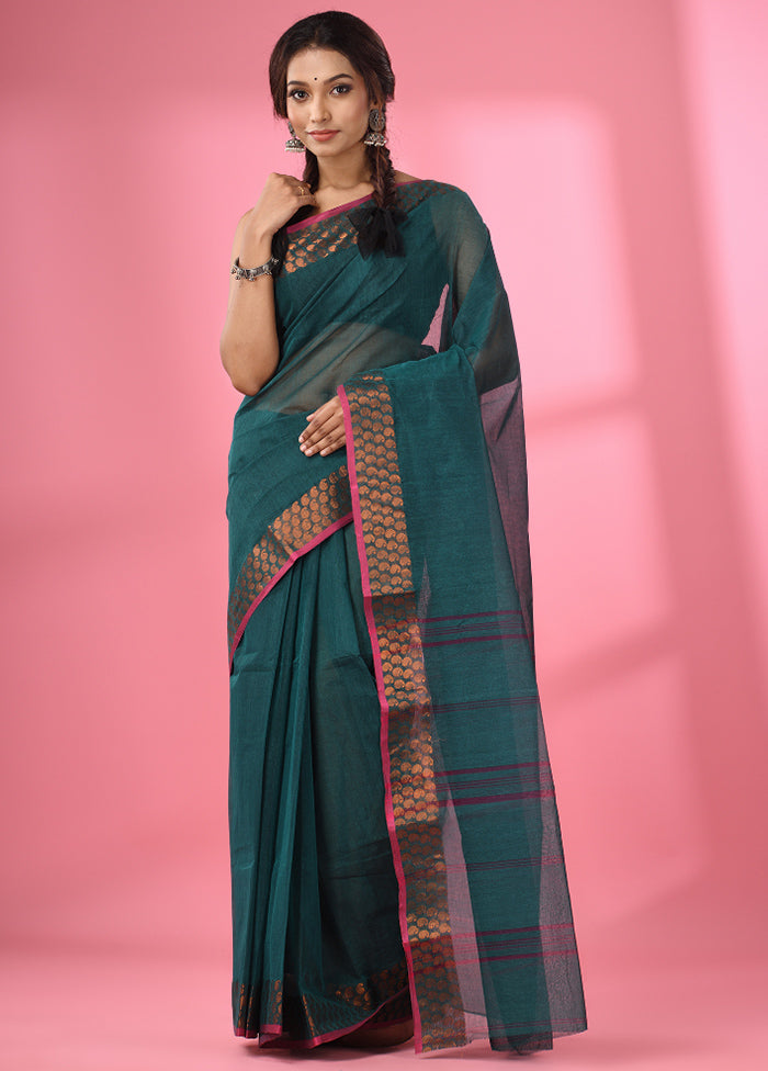 Teal Green Pure Cotton Saree With Blouse Piece - Indian Silk House Agencies