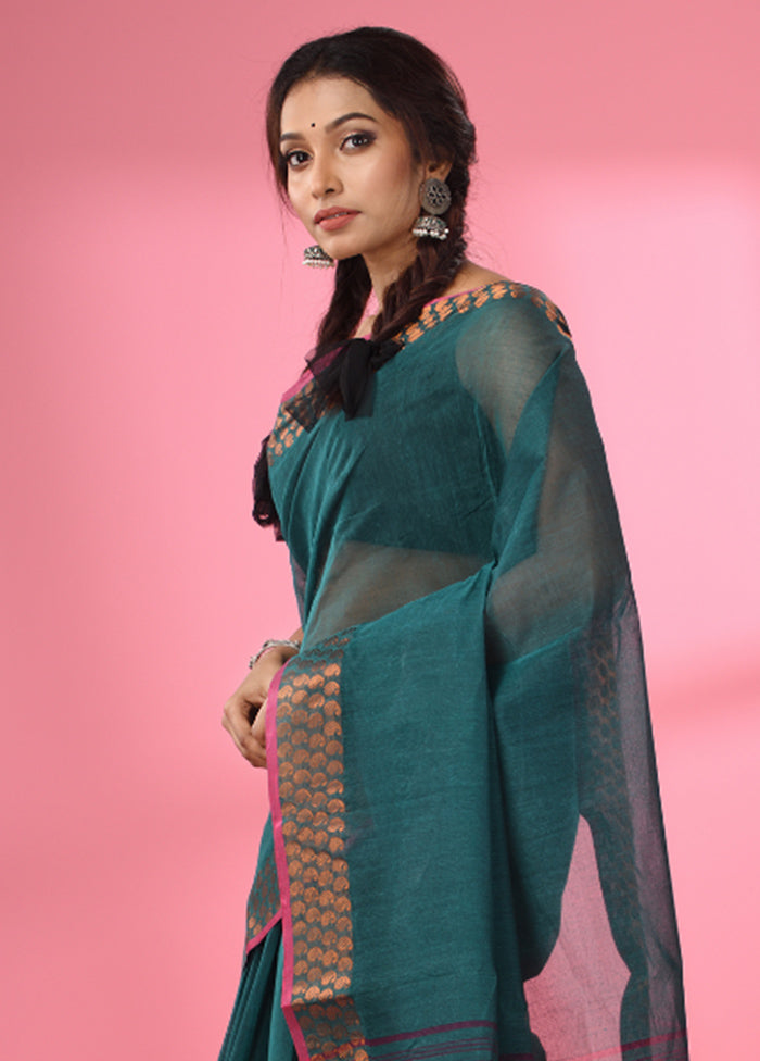 Teal Green Pure Cotton Saree With Blouse Piece - Indian Silk House Agencies