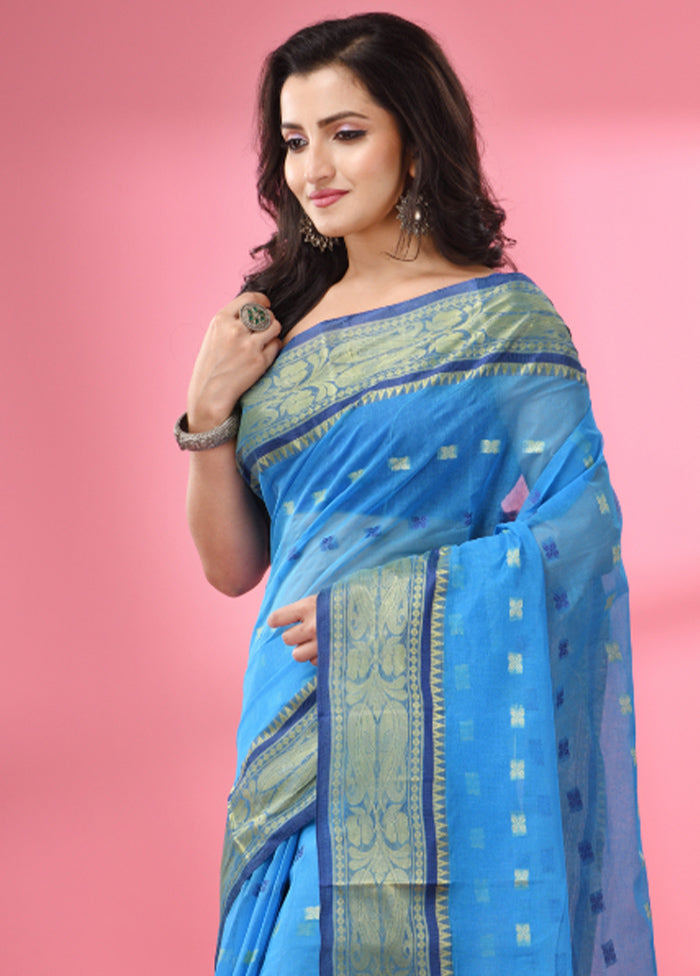 Sky Blue Pure Cotton Saree With Blouse Piece - Indian Silk House Agencies