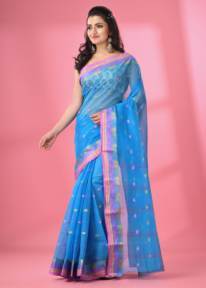 Sky Blue Pure Cotton Saree With Blouse Piece - Indian Silk House Agencies