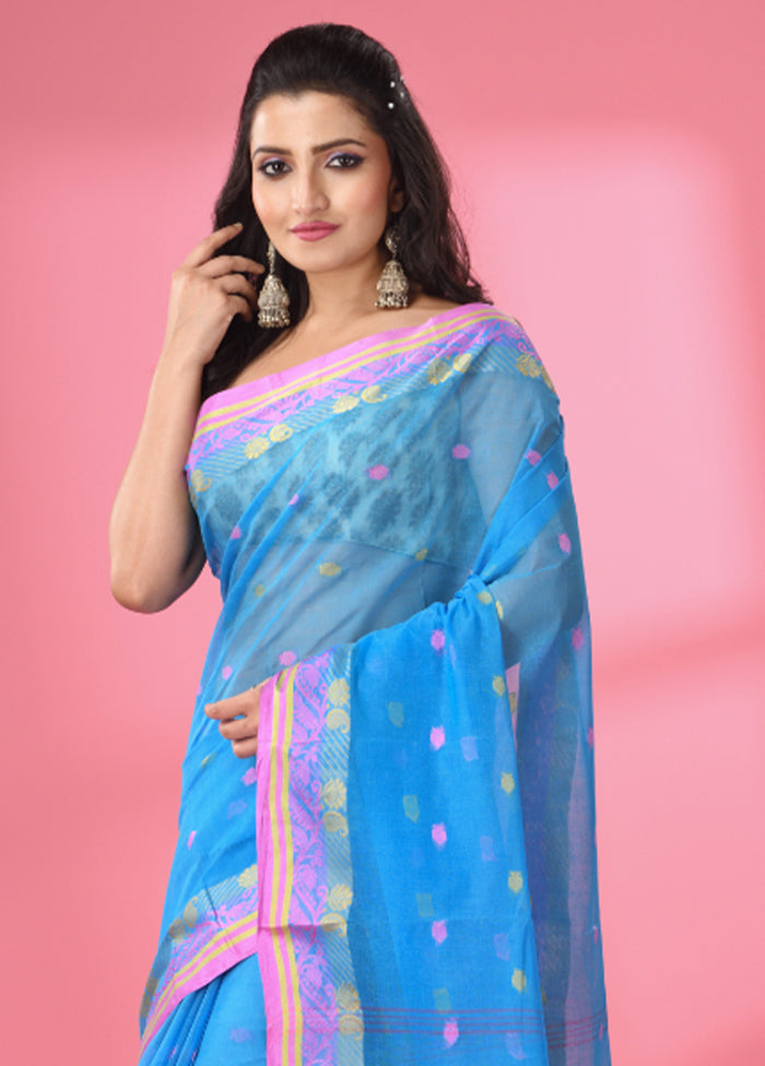 Sky Blue Pure Cotton Saree With Blouse Piece - Indian Silk House Agencies