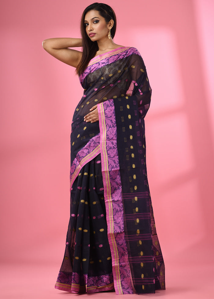 Navy Blue Pure Cotton Saree With Blouse Piece - Indian Silk House Agencies