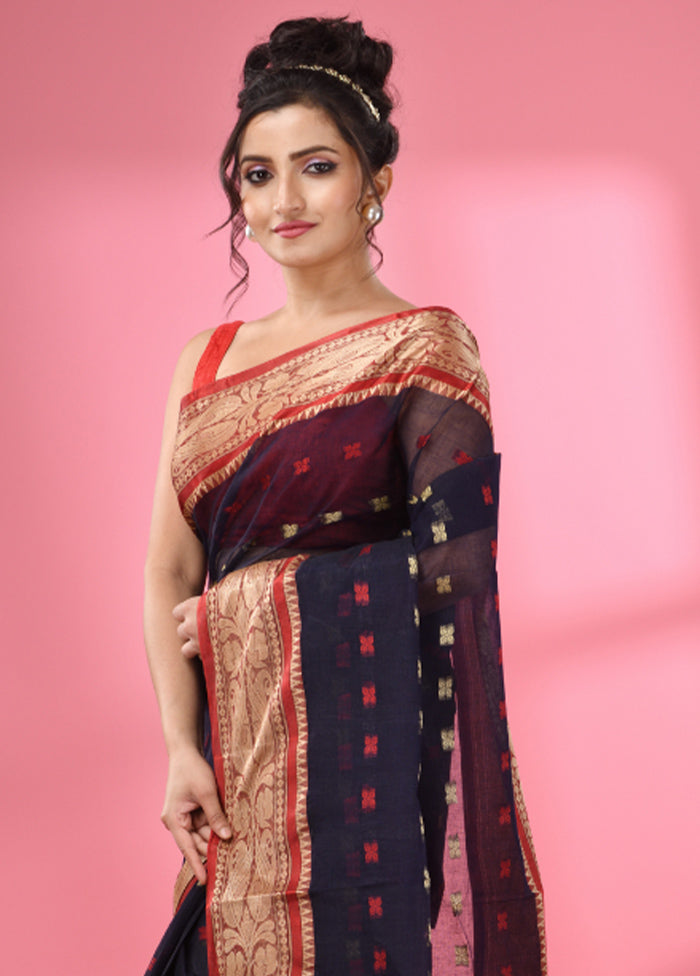 Navy Blue Pure Cotton Saree With Blouse Piece - Indian Silk House Agencies