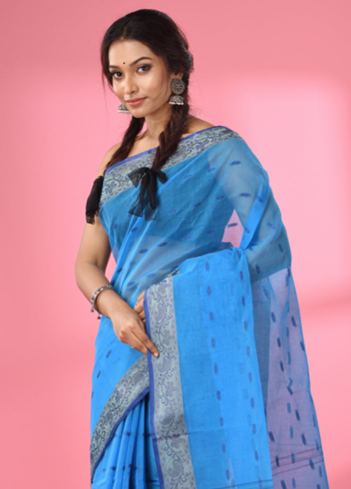 Sky Blue Pure Cotton Saree With Blouse Piece - Indian Silk House Agencies