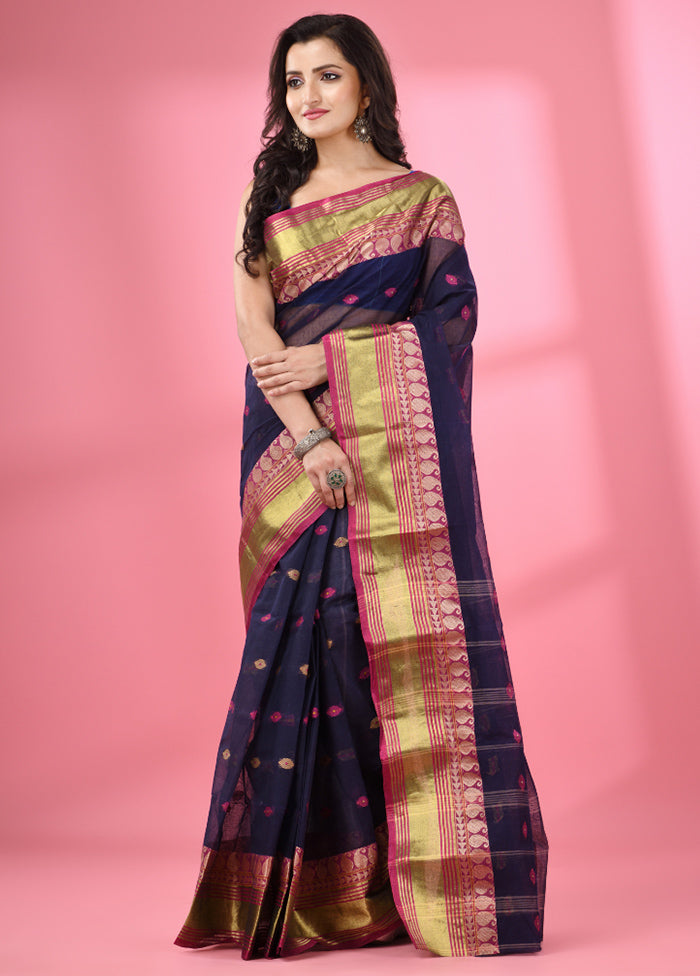 Navy Blue Pure Cotton Saree With Blouse Piece - Indian Silk House Agencies