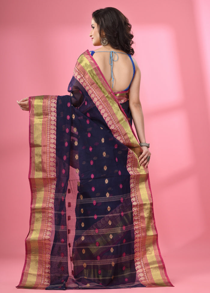 Navy Blue Pure Cotton Saree With Blouse Piece - Indian Silk House Agencies