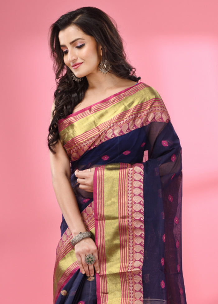 Navy Blue Pure Cotton Saree With Blouse Piece - Indian Silk House Agencies