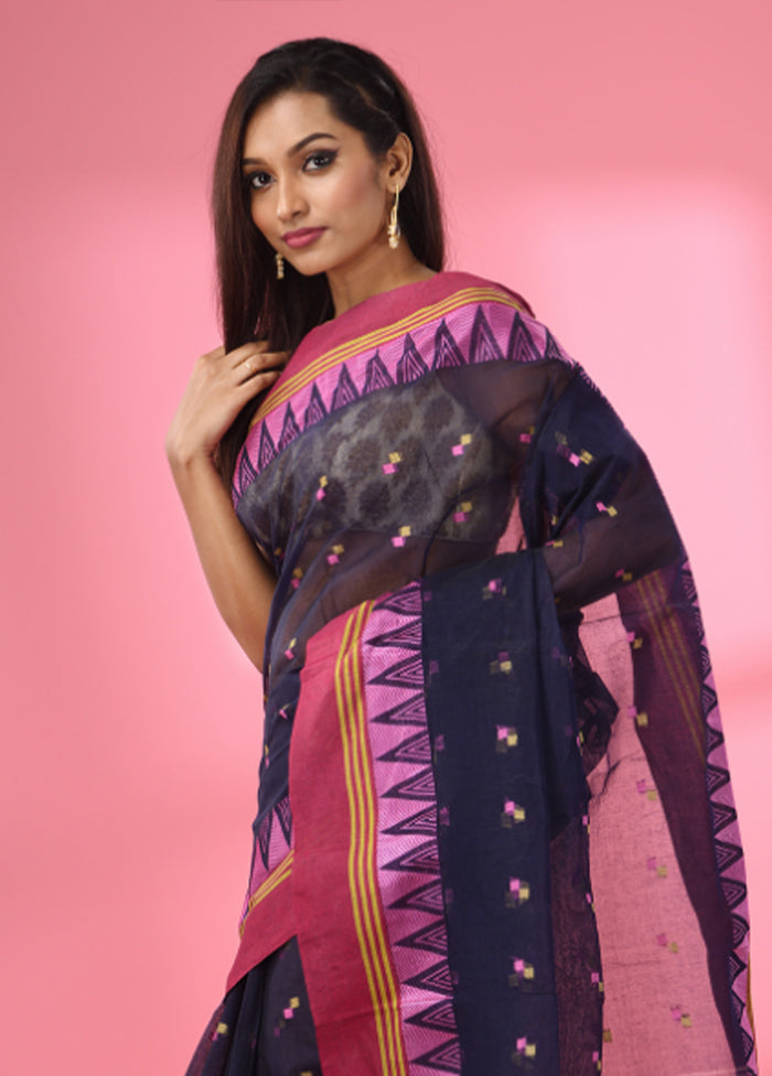 Navy Blue Pure Cotton Saree With Blouse Piece - Indian Silk House Agencies