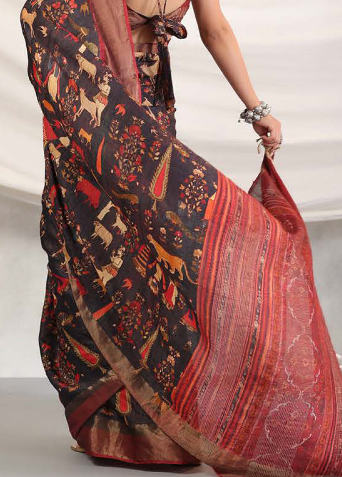 Black Tussar Saree With Blouse Piece - Indian Silk House Agencies