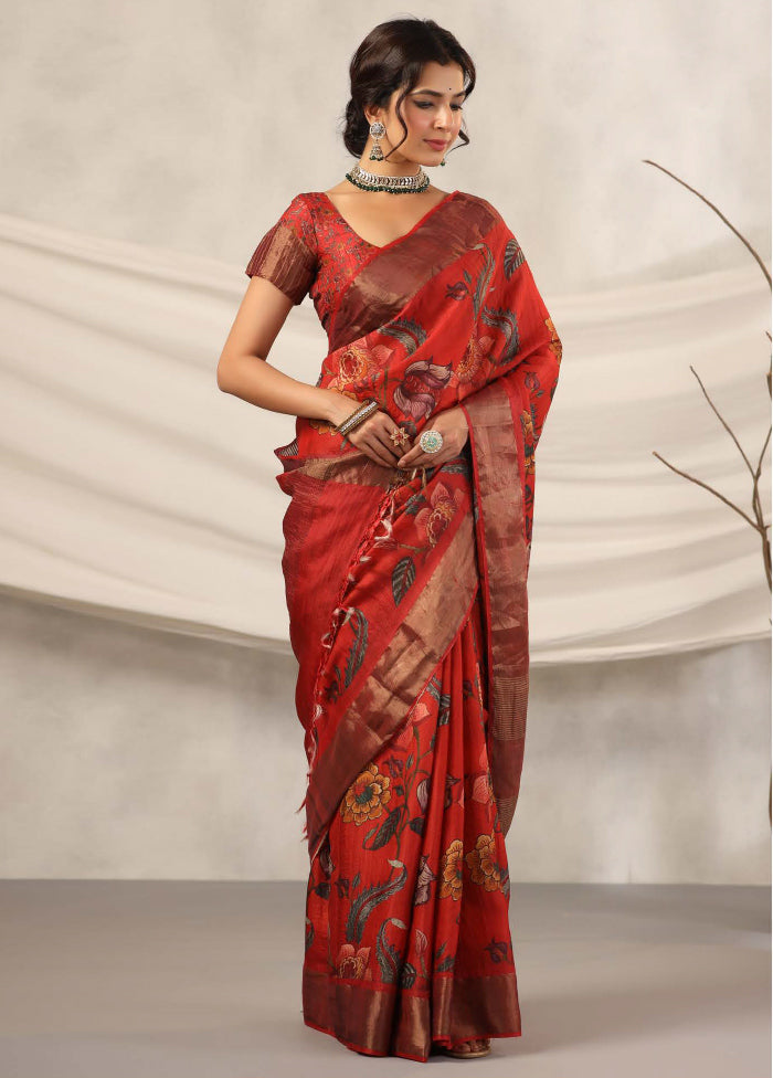 Red Tussar Saree With Blouse Piece - Indian Silk House Agencies